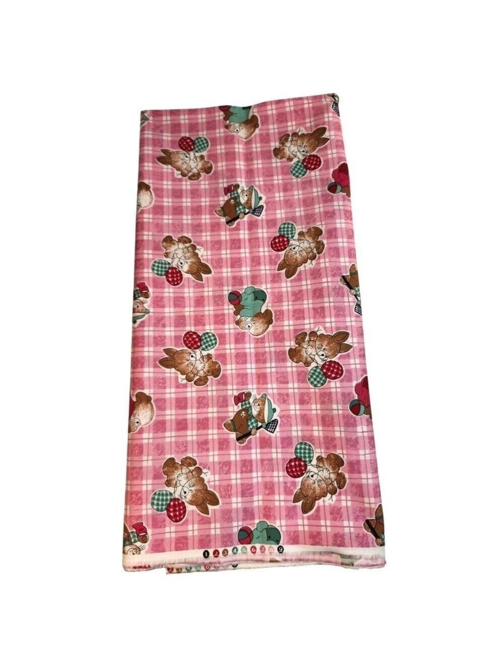 Vintage Pink Bunny Fabric Plaid Cotton Poly Children Novelty Fabric 1.75 Yards S